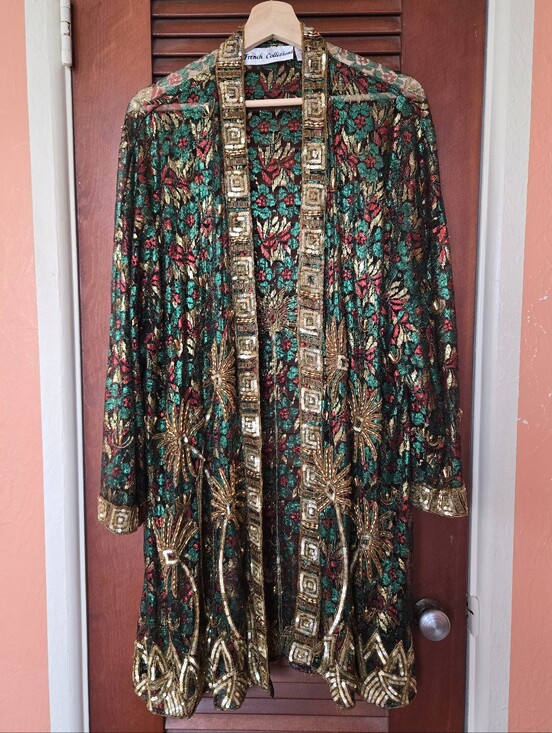 French Collizioni Tops - Vintage French Collizioni Embellished Floral Palm Trees Sheer Beaded Duster 2X